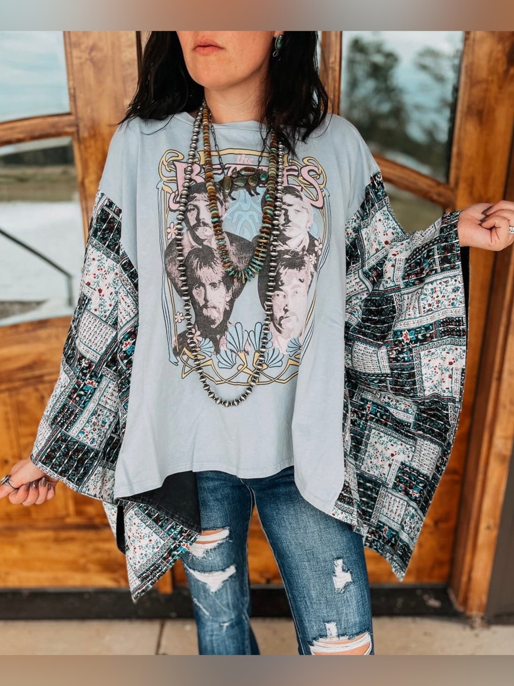 Sky Beatles Print Stitched Poncho Boho Quilt  Top- Sz Medium
